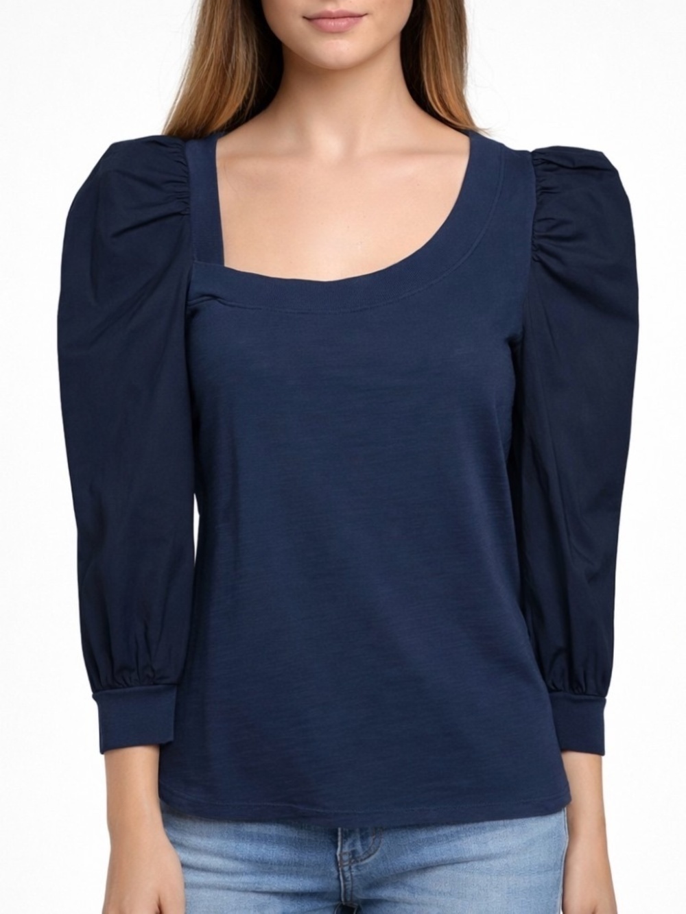 Nation LTD Tori Asymmetrical Puff Sleeve Top Night Horizon Blue Cotton Small